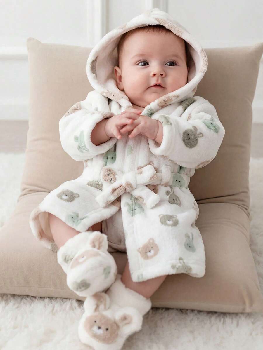 SHEIN 女嬰卡通印花連帽保暖內裡長袖居家睡袍 - 白色 - 查看 1