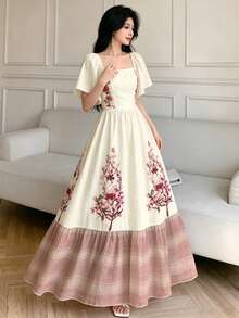 Modelyn 女款優雅復古薰衣草花卉印花洋裝，時尚方領大荷葉袖小蓋袖設計，下擺荷葉邊，適合夏季休閒與外出穿著 - 彩色 - 查看 5