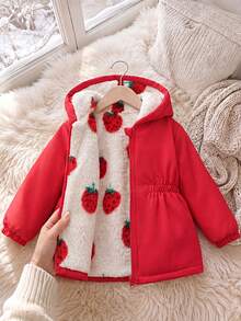 SHEIN Elladie kids 1件女童冬季新款紅色保暖內裡拉鍊連帽衛衣，彈性腰頭，加厚保暖簡約時尚百搭戶外通勤外套 - 紅色 - 查看 3