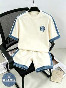 小男孩時尚圓領短袖T恤與短褲套裝，2件套服裝，字母圖案設計，度假風，適合假期派對，春/夏/秋季，休閒舒適，男孩夏季穿著首選，時尚休閒套裝，春/夏/秋季街頭風，休閒外出穿著 - 彩色 - 查看 6