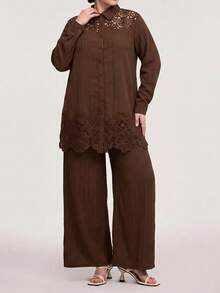 Veilorie Plus Size Women Solid Color Hollow Embroidery Long Sleeve Shirt And Wide Leg Pants Casual 2-Piece Set - Coffee Brown - View 1