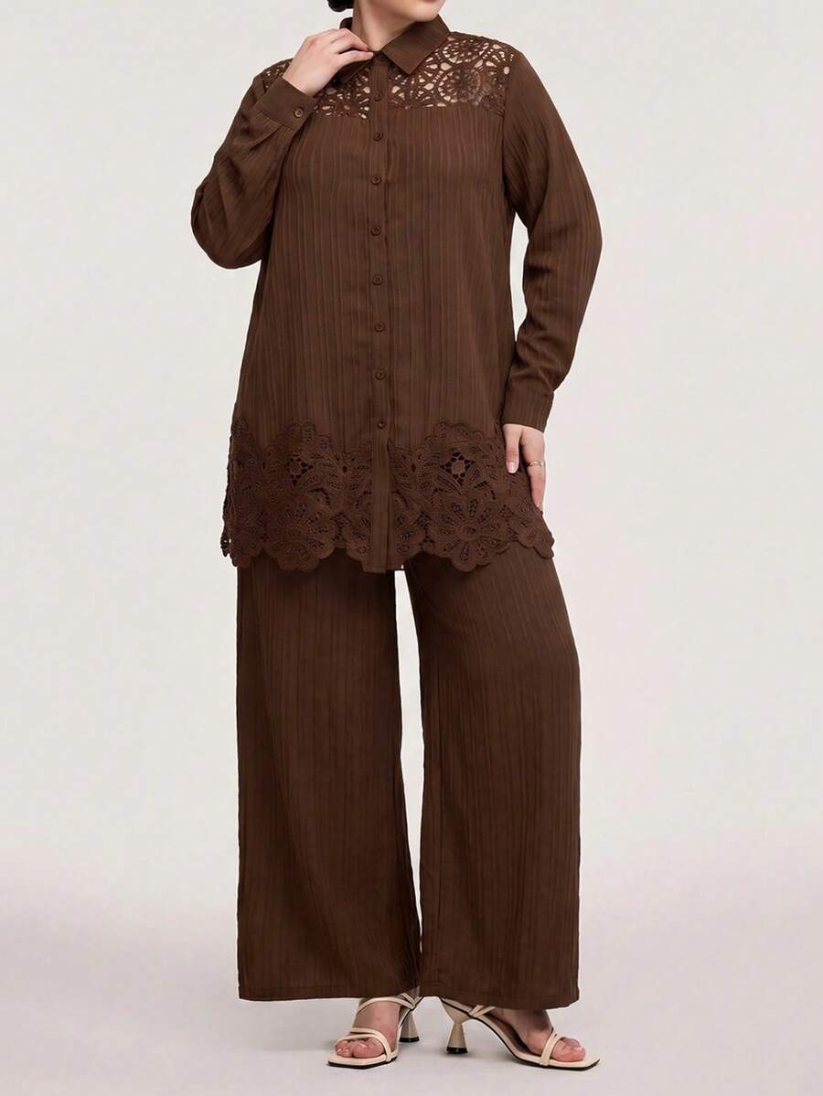 Veilorie Plus Size Women Solid Color Hollow Embroidery Long Sleeve Shirt And Wide Leg Pants Casual 2-Piece Set - Coffee Brown - View 1