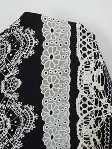 Doze Lane Solid Color Small Cardigan Short Sleeve Top Striped Floral Print Long Pants Plus Size Pajama Set - Black - View 6