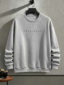 Manfinity Homme Men's Plus Size Pullover Crew Neck Sweatshirt, Minimalist Line & Letter Slogan Print, Sweatshirt Fabric, Autumn/Winter Men's Plus Size Sweatshirt, Basic Minimalist Versatile, Gray Sweatshirt, Suitable For Outings, Commuting, Street Photography, Home, Travel, Daily Wear, Etc. - Grey - View 3