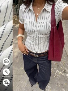 Aloruh Blouse rayée en patchwork de dentelle française pour femmes, chemise d'été à manches pétales, taille cintrée et col court - Multicolore - Voir 8