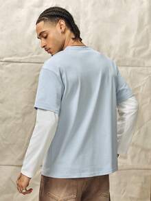 Norleigh Men's Knitted Fashion Casual Young Loose Long Sleeve T-Shirt With English Print Patchwork - Blue - View 4