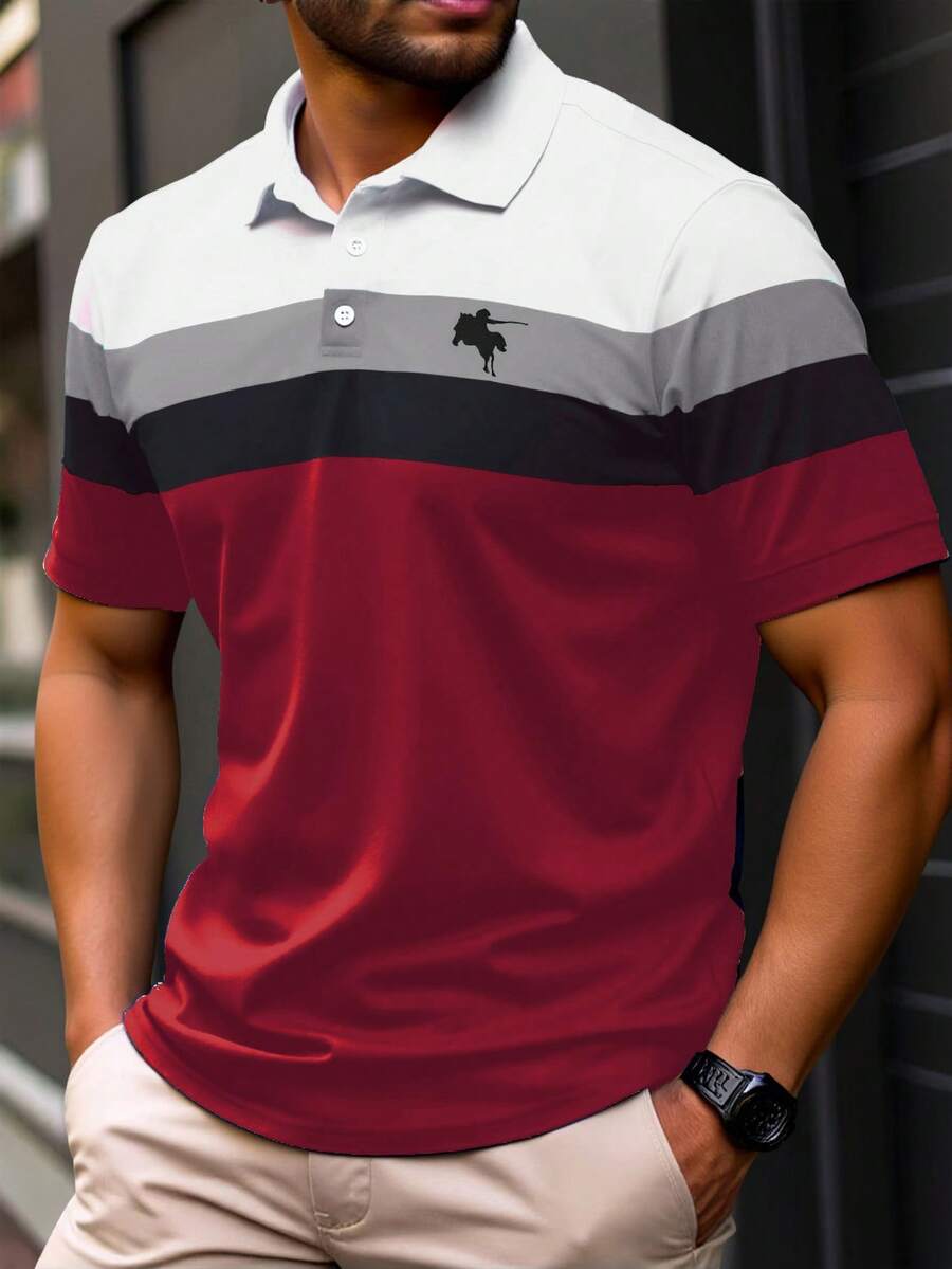Manfinity Homme Men's Plus Size Colorblock Patchwork Short Sleeve Polo Shirt - Burgundy - View 1