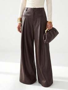 Zivah Women's Fashion Hot Girl PU Material Button Pleated Long Pants - Brown - View 3