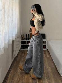 Jeanoix Petite Women's Y2K Loose Wide Leg Casual Denim Pants With Pockets - Grey - View 7