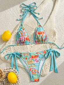 Swim Vcay 女款時尚熱帶水果印花掛脖綁帶性感比基尼兩件式泳衣套裝 - 綠色 - 查看 3