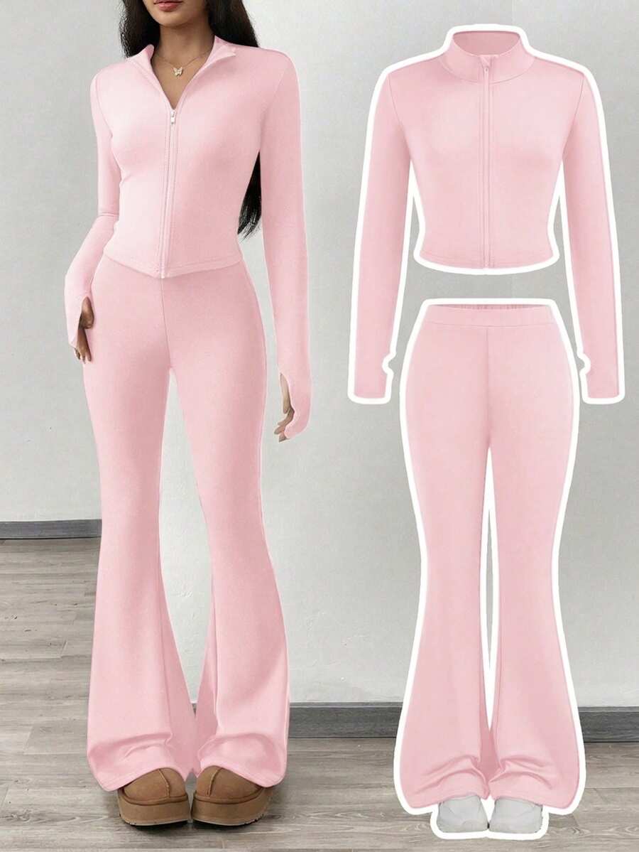 SHEIN Girlism NovaGlow 青少女運動休閒日常針織素色開襟外套與喇叭褲套裝 - 粉色 - 查看 1
