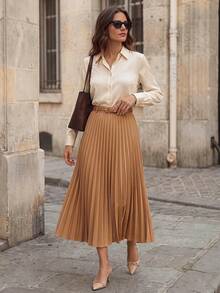 SHEIN Rosivaux 女款兩件套米色秋季優雅辦公休閒純色長袖襯衫搭配A字百褶長裙，附腰帶，卡其色套裝 - 駝色 - 查看 1