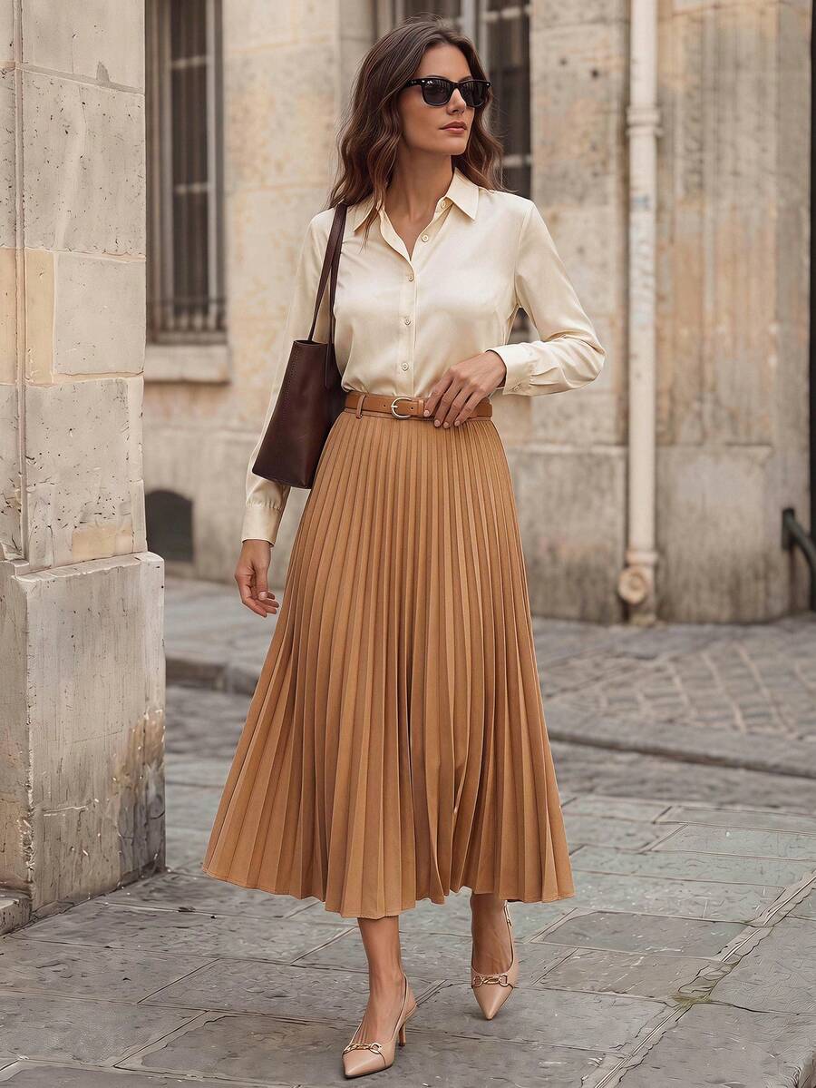 SHEIN Rosivaux 女款兩件套米色秋季優雅辦公休閒純色長袖襯衫搭配A字百褶長裙,附腰帶,卡其色套裝 - 駝色 - 查看 1