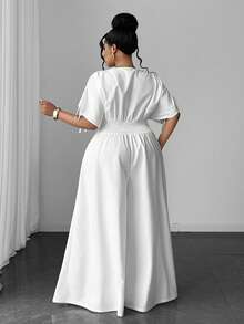 Maweii Jumpsuit Kasual Lengan Pendek Klasik Ukuran Plus, Serbaguna, Motif Renda, untuk Perjalanan Sehari-hari - Putih - View 5