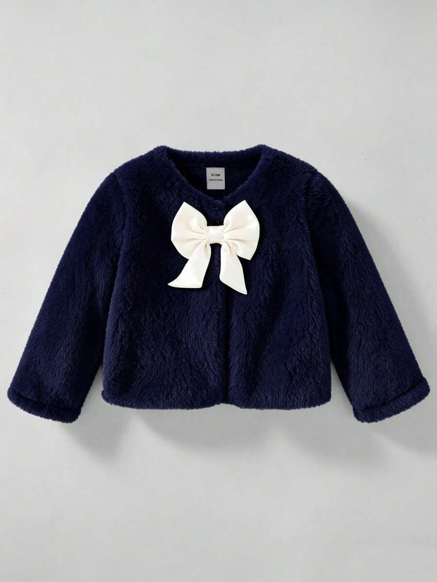 SHEIN Elladie kids 女嬰幼兒秋冬新款百搭優雅毛絨蝴蝶結開襟外套,適合外出,米色/杏色,完美適配日常穿著與派對場合 - 藏蓝色 - 查看 1