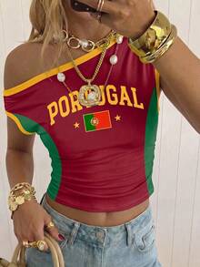 Teen Girls Casual Portugal-Flag One Tight Asymmetric Ruched Cropped Top, Suitable For Spring/Summer, Personalized Outfit, Daily Wear, World Cup, Jersey-Style, Streetwear, Game Day - Multicolor - View 6