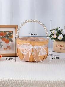 1PC Woven Round Wedding Flower Girl Basket - Pearl Handle Bow Decoration For Petals Throwing Bridal Accessory - bow - View 6
