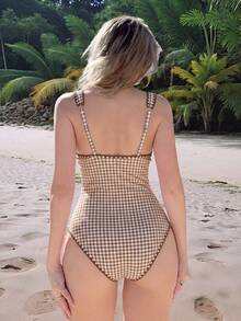 Swim Mod 女款海灘穿搭 夏季簡約優雅花卉素色羅紋修身連身泳衣 - 棕色 - 查看 2