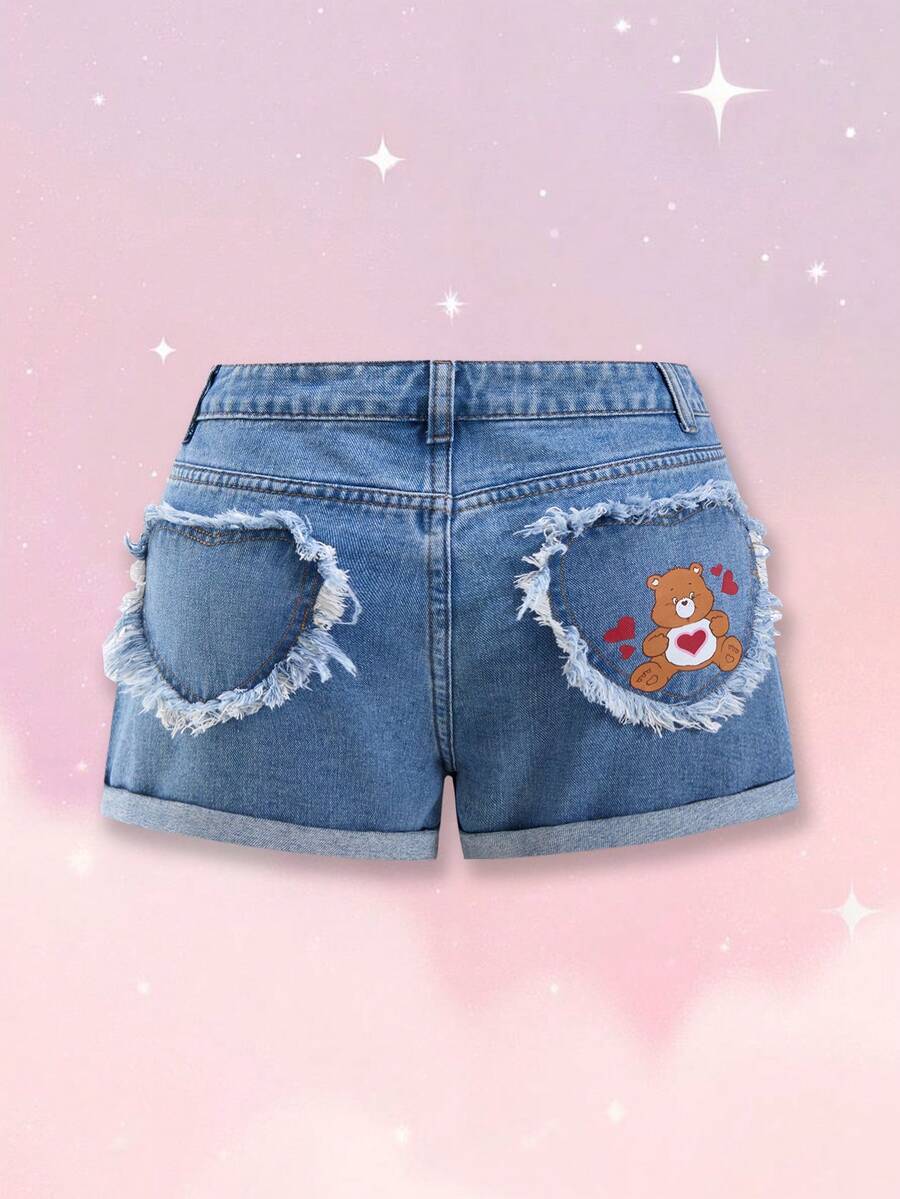 SHEIN X Care Bears 女款卡通圖案毛邊休閒日常牛仔短褲 - 藍色 - 查看 1