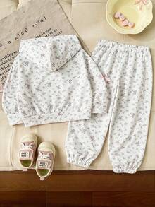SHEIN Vintaside Kids 2件組少女連帽夾克運動長褲套裝，甜美可愛白色粉色碎花蝴蝶結緞帶條紋長袖，適合學校派對秋季公主風慢跑拉鍊款 - 彩色 - 查看 3