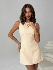 SHEIN EZwear 女士船领无袖露背系带夏季条纹编织连衣裙 女士连衣裙 女士夏季连衣裙 度假装 女士度假连衣裙 女士夏季套装 - 黃色 - 查看 6