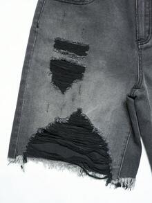 Manfinity EMRG Men's Fashionable Gradient Color Distressed Fringed Washed Gray Gradient Denim Shorts, Holiday - Grey - View 7
