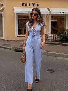 SHEIN Frenchy Women's Blue And White Stripe Vacation Versatile Tie-Waist Loose Jumpsuit Summer Tropical Casual - Blue and White - View 10