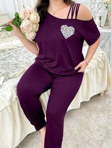 大码女式性感不对称露肩短袖舒适休闲上衣和裤子家居服睡衣套装 - 紫色 - 查看 6