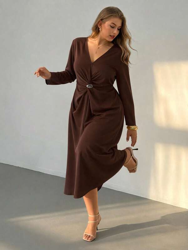 Auralis Long-Sleeve Wrap V-Neck Maxi Dress With Metal Buckle, Twist-Waist Detail / Elegant Plus-Size Brown Dress Fall