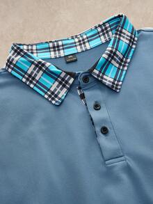 Courvante Plus Size Men's Casual Business Patchwork Plaid Print Short Sleeve Polo Shirt, Summer, Formal - Dusty Blue - View 5