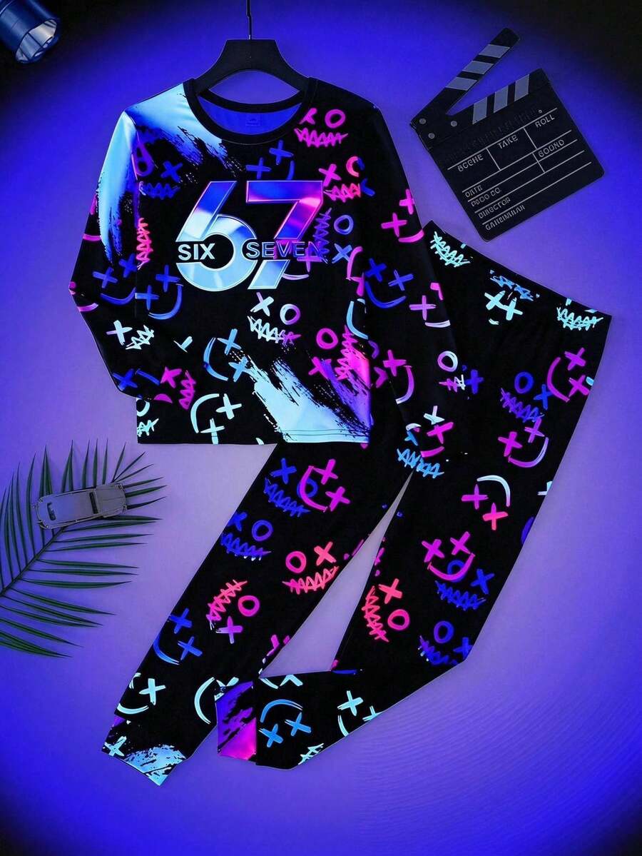 SHEIN 青少年男孩發光字母印花長袖上衣與長褲居家服套裝 - 黑色 - 查看 1