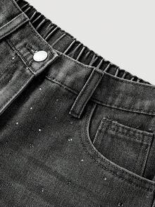 SHEIN 少女水钻装饰口袋休闲牛仔短裤 - 黑色 - 查看 5