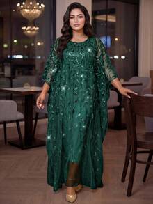 SHEIN Lady CURVE Plus Size Elegant Formal Elegant Party Evening Wedding Sequin Embroidered Mesh Dress Dark Green Summer Vacation - Dark Green - View 3