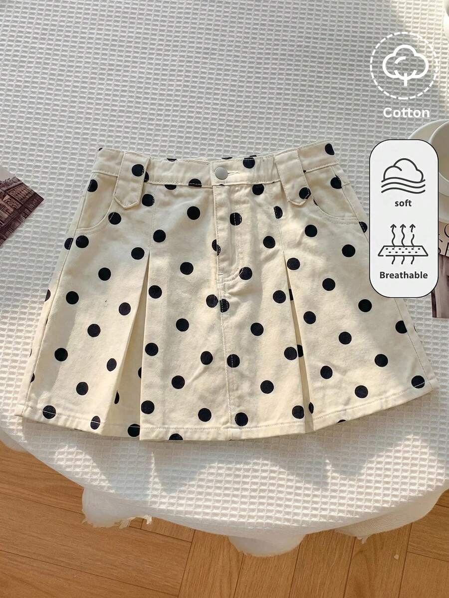 SHEIN Tween Girl Girls' Polka Dot Pattern Apricot Denim Pleated Skirt 10Y Beach Y2k Summer Fall Independence Day Wedding - Apricot - View 1