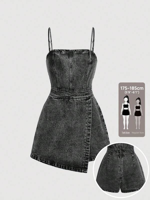 SHEIN Tall Casual denim jumpsuit för kvinnor med asymmetrisk fåll och spaghettiband
