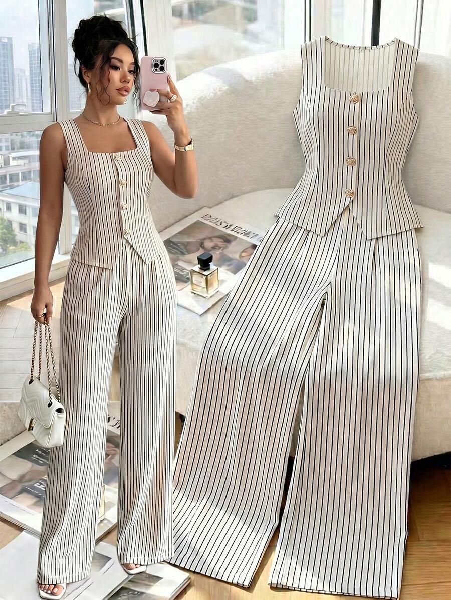 SHEIN Elenzya 女款黑白條紋兩件套,仿亞麻紋理布料,方領無袖前開鈕扣修身上衣 + 高腰寬腿褲,優雅專業風格,適合辦公室與正式場合 - 彩色 - 查看 1