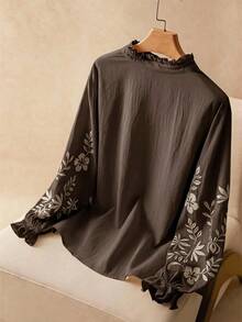 Elaquor 大尺碼花卉刺繡休閒度假襯衫 秋季款 - 咖啡棕 - 查看 3