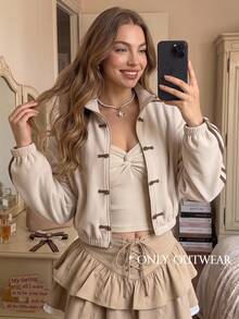 SHEIN MOD Women's Stand Collar Colorblock Casual Retro 70s Versatile Daily Outing Travel Vacation Long Sleeve Jacket, Back To School,Campus Brown Striped Autumn - Khaki - View 2