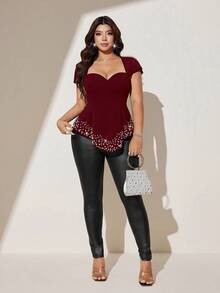 Viva Relle Sexy Slim Fit Square Neck Knit Top With Mesh Patchwork Design, Plus Size Short Sleeve T-Shirt - Burgundy - View 3