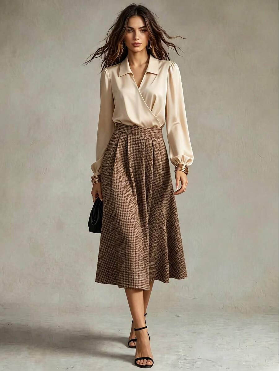 Franclia 女士优雅翻领交叉前襟宽松长袖衬衫和格子喇叭裙两件套 - 彩色 - 查看 1