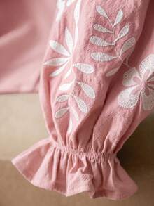 Elaquor 大尺碼女款花卉刺繡長袖單排扣休閒襯衫 秋季 - 粉色 - 查看 6