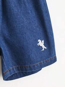 SHEIN 2件組小男孩寬鬆休閒春夏刺繡圓領短袖上衣搭配鬆緊腰刺繡圖案牛仔短褲套裝，簡約百搭，適合小男孩戶外、度假等場合 - 白色 - 查看 5