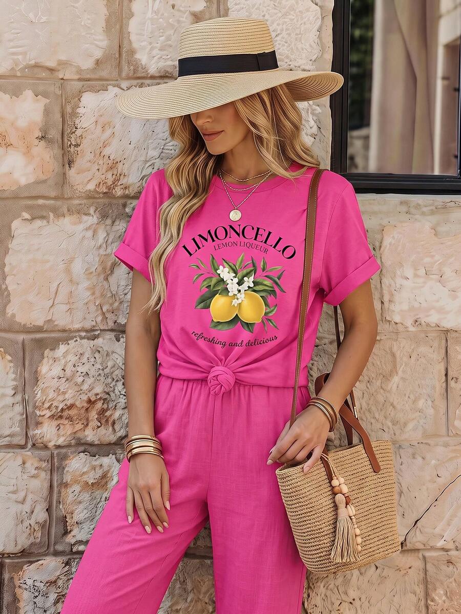 EMERY ROSE Áo thun ngắn tay cổ tròn in hình chanh và chữ - Chất liệu mềm mại, thoáng khí, co giãn nhẹ, kiểu dáng thoải mái cho mùa hè và mùa xuân. - Màu Hồng Tươi - Xem 1