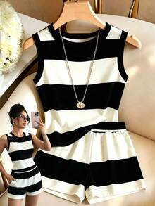 GlowEve Women's Summer Casual Colorblock Striped Tank Top And Shorts 2 Pieces Set - Black and White - View 1