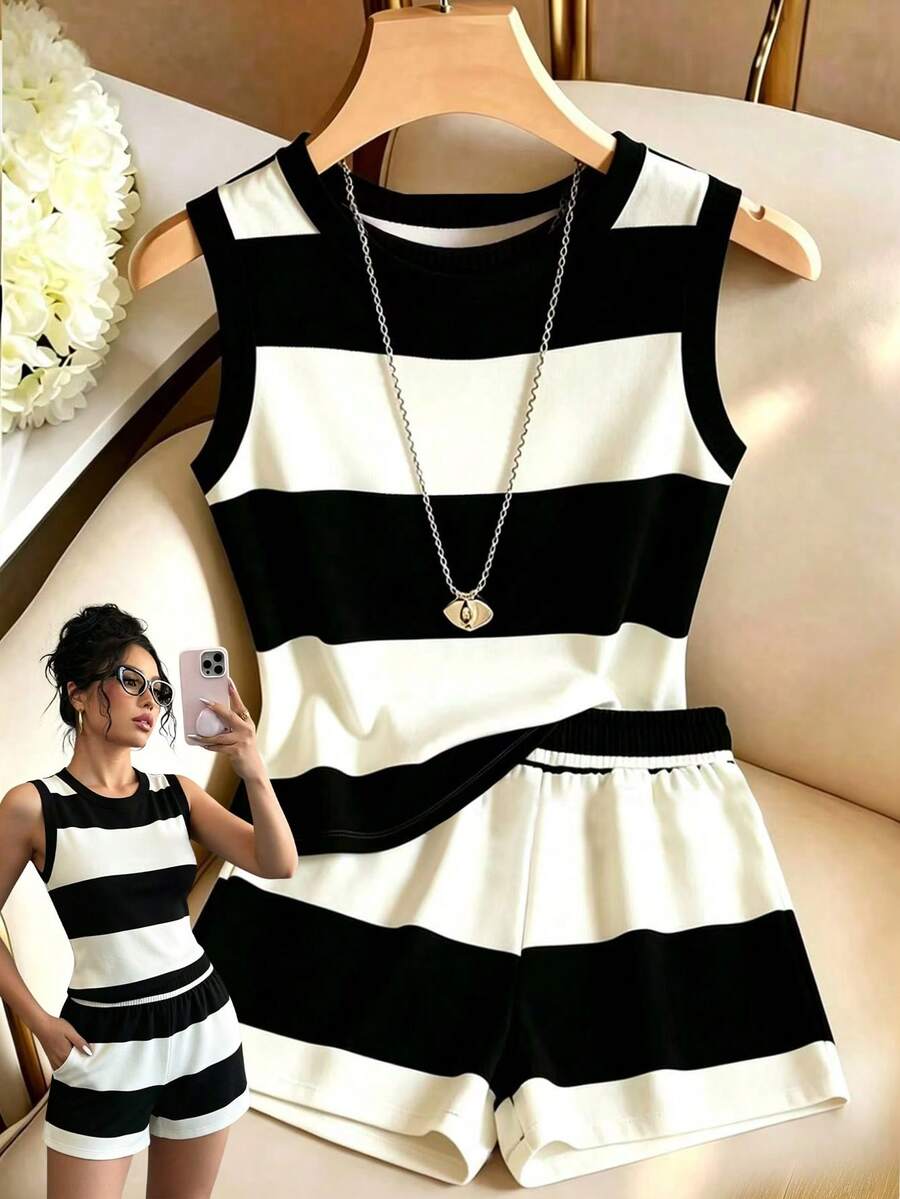 GlowEve Women's Summer Casual Colorblock Striped Tank Top And Shorts 2 Pieces Set - Black and White - View 1