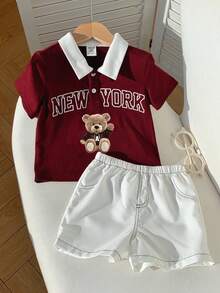 SHEIN 兒童小男孩/女孩，小男孩 2件組 春/夏休閒學院風泰迪熊圖案短袖POLO衫上衣與白色短褲套裝，小男孩夏季服裝，套裝，柔軟 - 酒紅色 - 查看 6