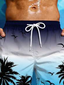 Manfinity KASUA Men's Vacation Coconut Tree Print Drawstring Waist Pocket Beach Shorts - Blue and White - View 5