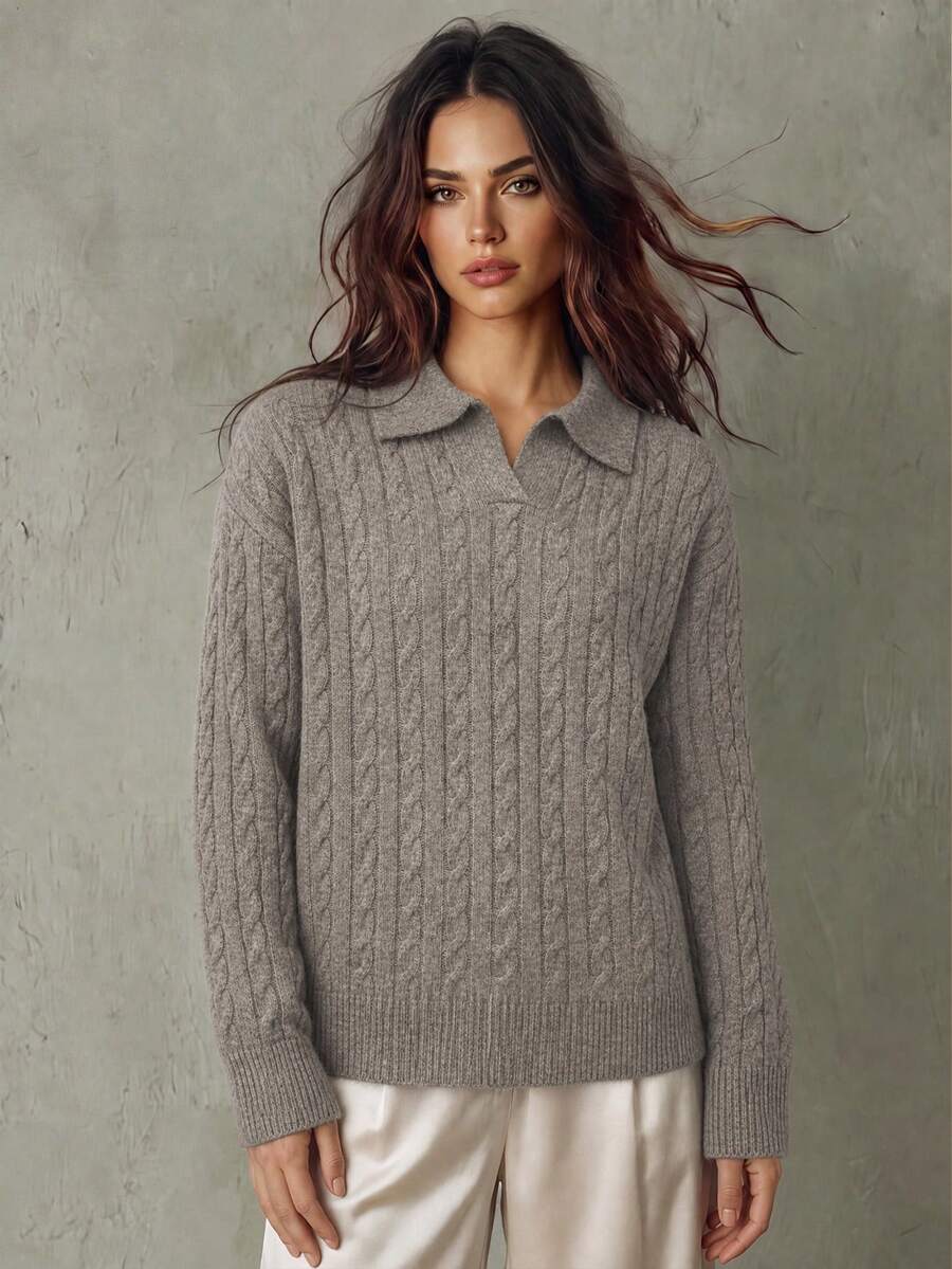 Franclia Women's Camel Polo Neck Wicker Pattern Wool Blend Pullover Sweater, Fashionable & Versatile - Khaki - View 1