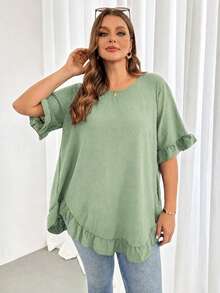 Shapeblank Blusa casual de mujer talla grande de unicolor con cuello redondo, manga corta y bajo con volantes - verde menta - Ver 7