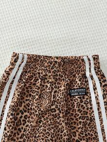 SHEIN Young Girls Long Pants, Spring/Autumn, Classic Brown Leopard Print, Vintage Athletic Style, White Vertical Stripes, Contrast Design, Back-To-School - Multicolor - View 7